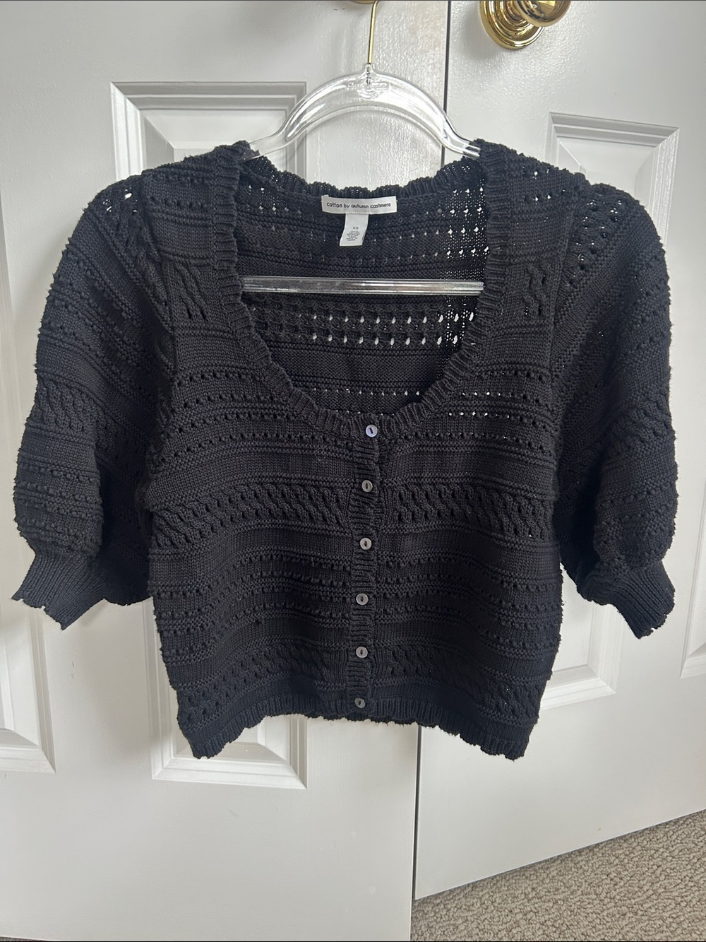 Autumn Cashmere Black Cropped Button-Front Cardigan with Puff Sleeves